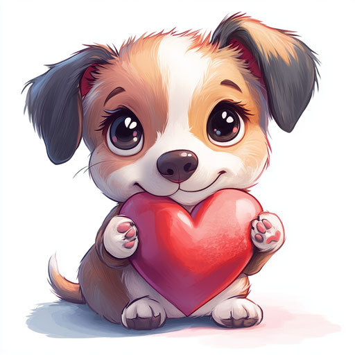 Cute cartoon puppy holding a heart, Valentine's Day-inspired clipart style
