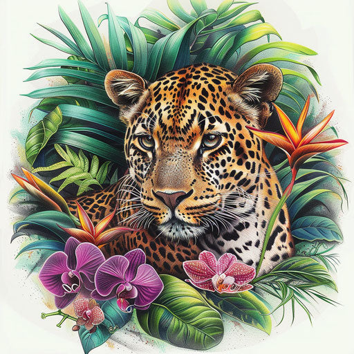 Realistic jungle scene with leopard and orchids in vibrant natural colors