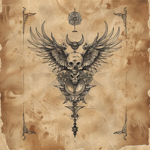 Vintage clipart style flat tattoo sketch for dark arts tattoo with antique parchment background