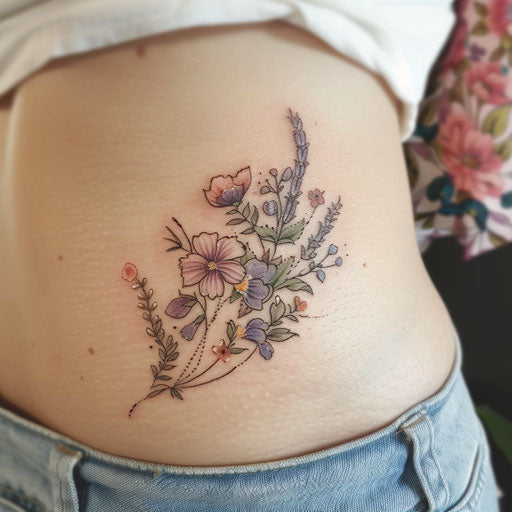 Wildflower ribcage tattoo, delicate design in pink and purple