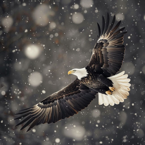 Bald eagle in flight against snowy backdrop, Vincent Munier style