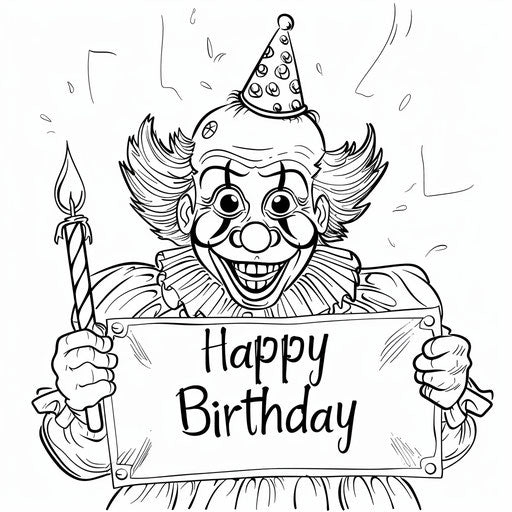 A clown holding a 'Happy Birthday' sign
