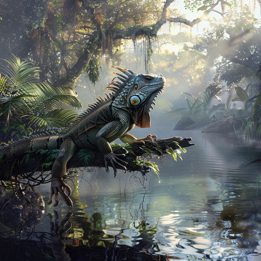 Iguana on a branch above a misty river