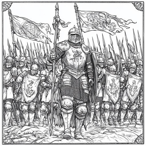 Knight leading an army with detailed soldiers and banners