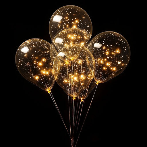 Six transparent balloons with golden lights