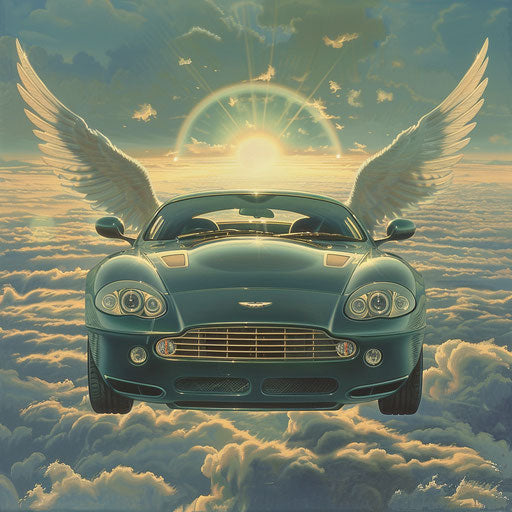 Aston Martin DB7 Zagato with angel wings and halo, flying above a serene landscape