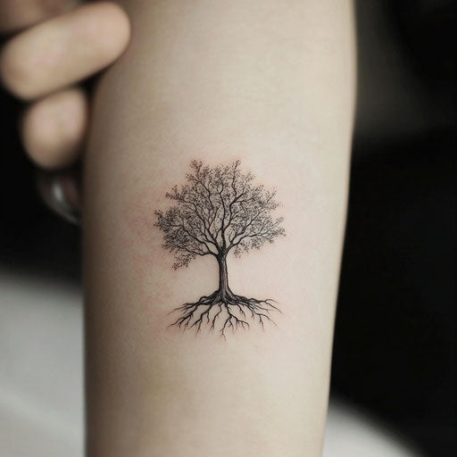 Flat tattoo sketch of a beautiful tree with roots in black ink