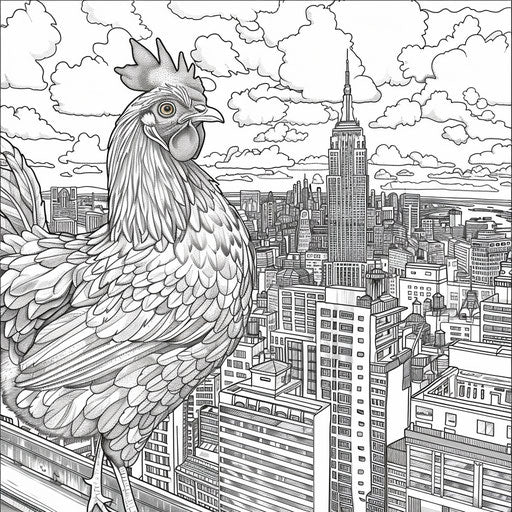 Detailed urban landscape with chicken Stephen Wiltshire style