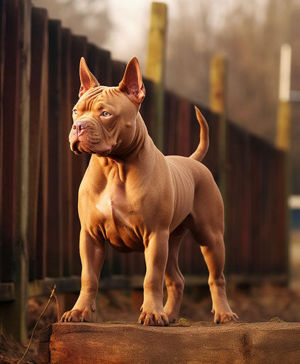 Bully breed dog next to fencing, light maroon and light brown