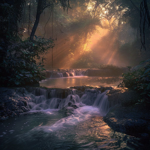 Sticky Waterfall, Thailand, at dusk with soft, ethereal lighting