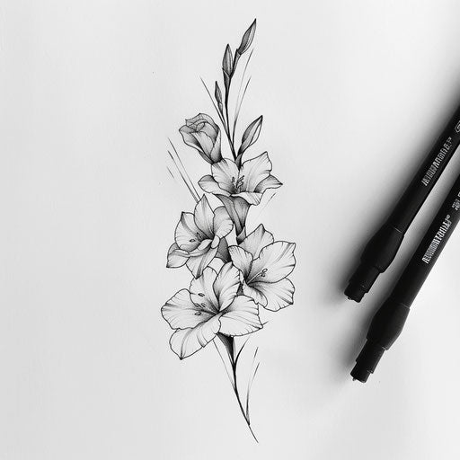 Single line gladiolus tattoo design on white background