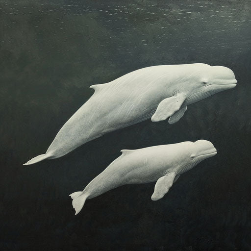 Beluga whale mother and calf swimming side by side