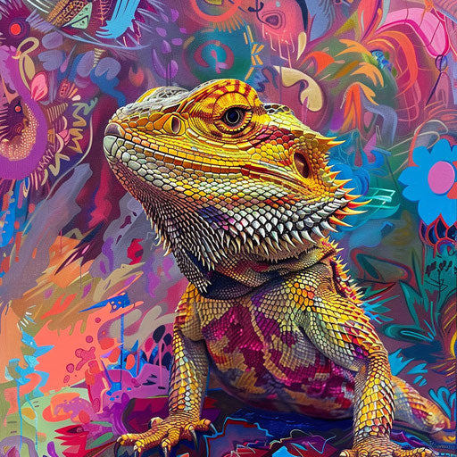 A vibrant bearded dragon against a backdrop of abstract, colorful patterns, celebrating its exotic beauty.