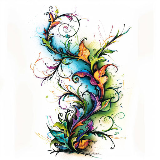Surreal vine tattoo art blending fantasy elements, inked in vivid colors on white background