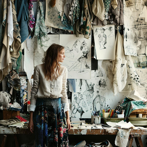 Fashion designer in studio surrounded by fabrics and sketches