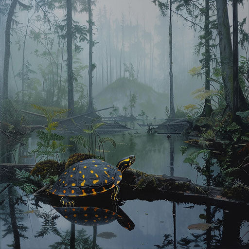 Close encounter of a yellow spotted turtle by a forest pond on a foggy morning