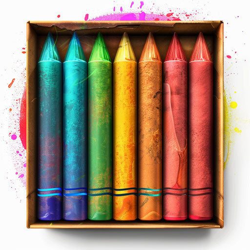 Crayon box in photo realistic style with flat random background