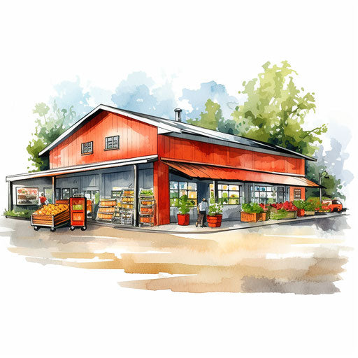 Grocery store clipart in the style of Impressionistic Art, on a white background