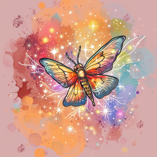 Whimsical tattoo sketch of a firefly surrounded by stars and sparkles