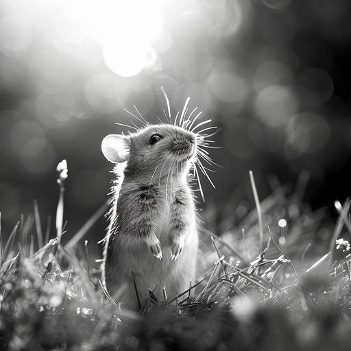 Mouse standing on a sunlit meadow