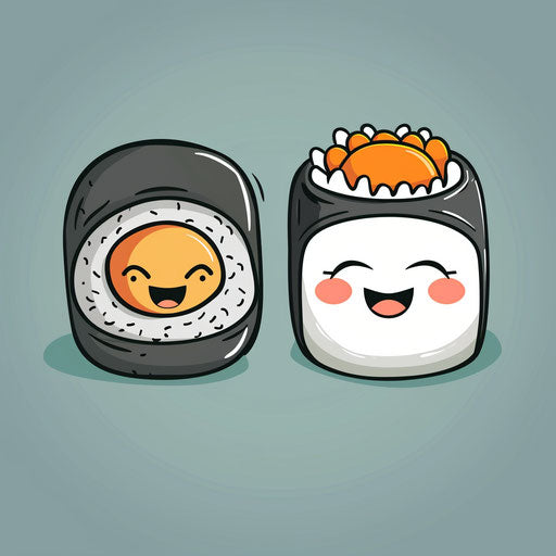 Two cute smiling sushi rolls in clipart on plain background