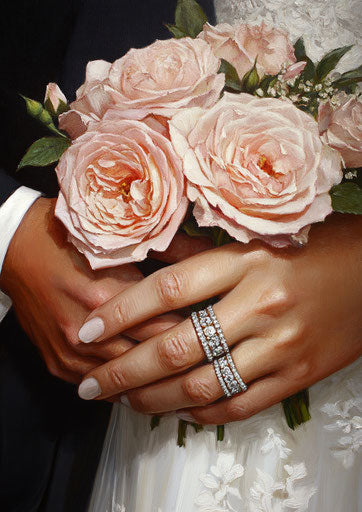 Grooms' hands with rings holding roses in an oil painting
