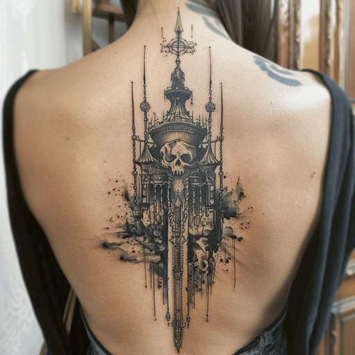 Fantasy-themed back tattoo for women