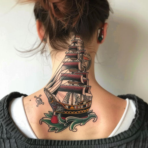 Pirate ship tattoo on back neck, Sailor Jerry style