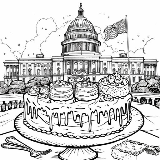 Satirical cake-themed political cartoon coloring page