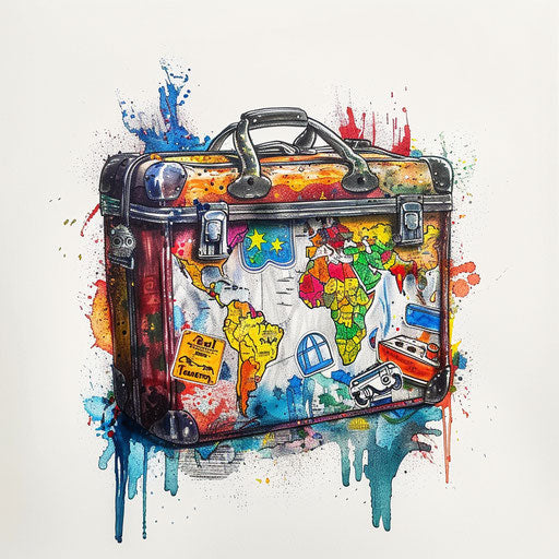 Travel suitcase filled with country stickers on white canvas