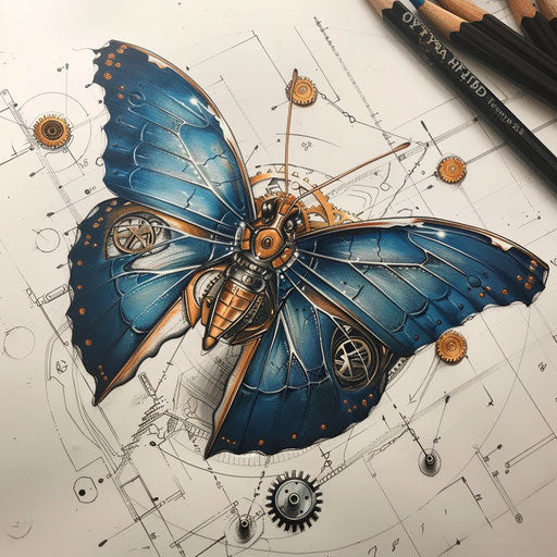 Blue butterfly with steampunk gears and copper tones