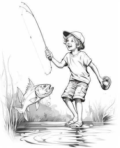 Boy fishing to catch fish, outlined art style
