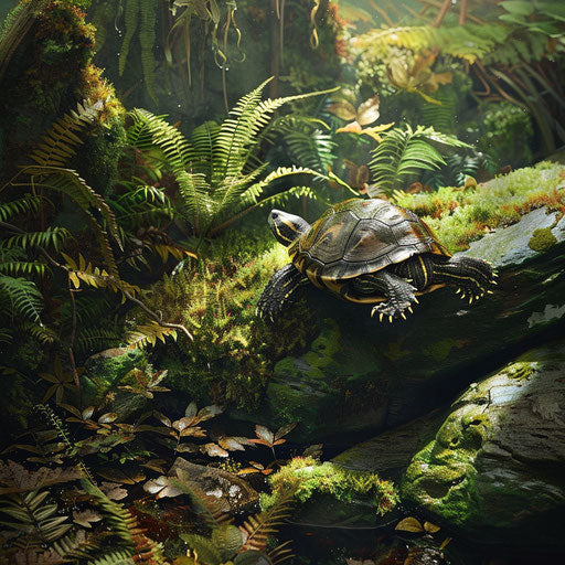 A turtle climbing over moss-covered rocks in a lush, fern-filled woodland