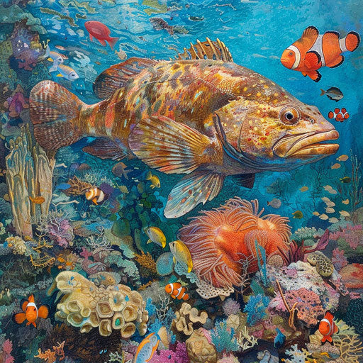 Large grouper by coral garden, amidst colorful marine life