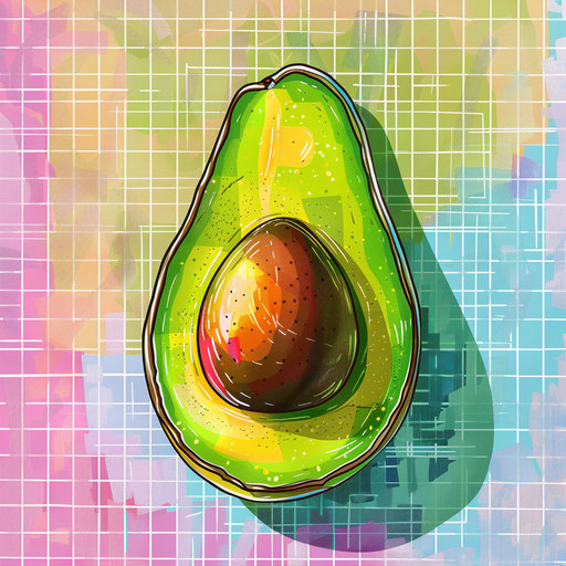 Flat sketch of an avocado with a digital neon grid background