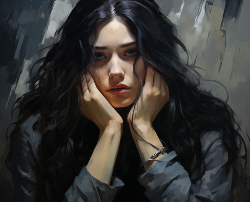 Girl with long dark hair with hand on face