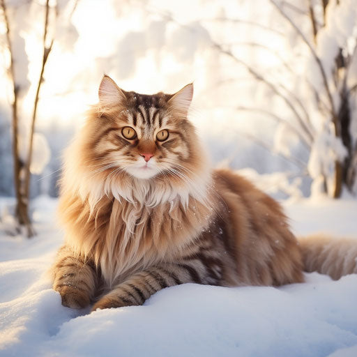 A siberian cat laying in the snow