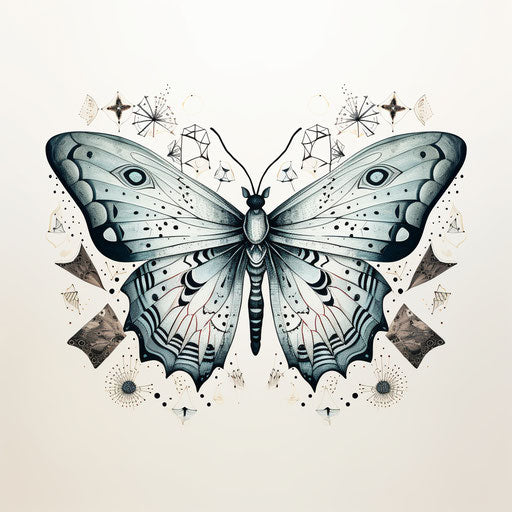 Origami moth with paper wings and pencil illustration