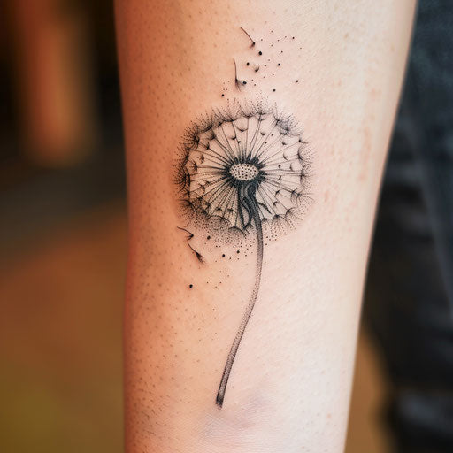Dandelion tattoo in pointillism technique on white canvas