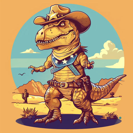 T rex dressed as sheriff in Wild West
