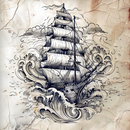 Vintage engraving of a tall ship surrounded by swirling waves
