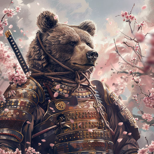 Grizzly bear in samurai armor in a cherry blossom storm
