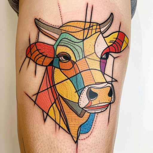 Abstract cow with geometric shapes in pastel colors