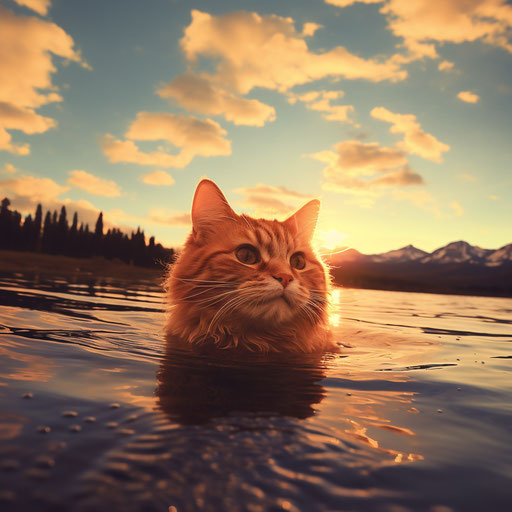 Ginger cat swimming in a lake by the shore