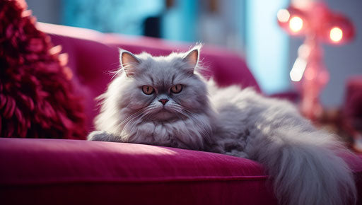 Grey persian cat on a couch next to a red pillow, in the style of light purple and light azure, smooth and shiny 37:21