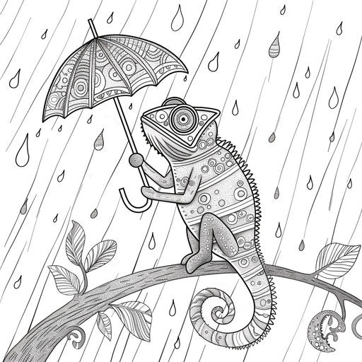 Whimsical chameleon holding a tiny umbrella in a rainstorm. Coloring book page