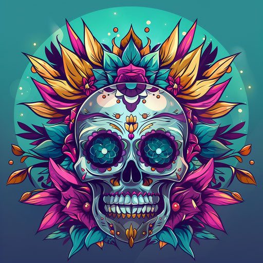 Flat tattoo sketch of a Calavera with vibrant sugar skull patterns