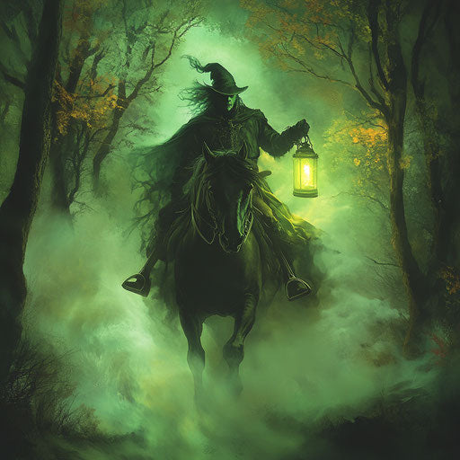 The headless rider in a spooky autumn forest