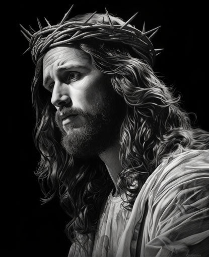 Jesus king of kings black and white sentimental realism drawing