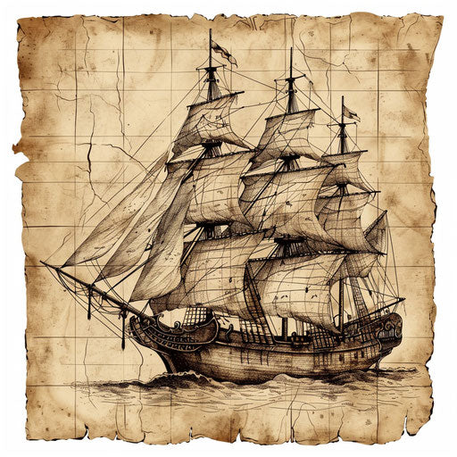 Sketch of an ancient pirate ship with aged paper texture